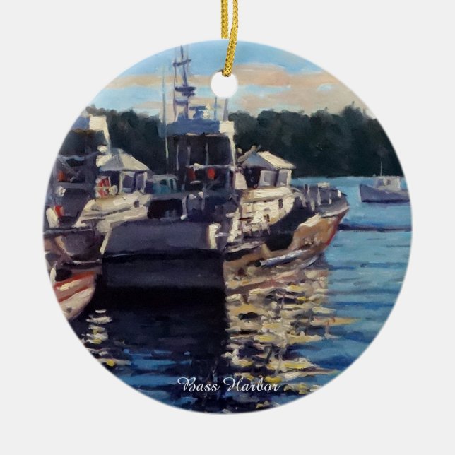 Beautiful Bass Harbor Maine Fishing Boat Scene Ceramic Ornament (Front)