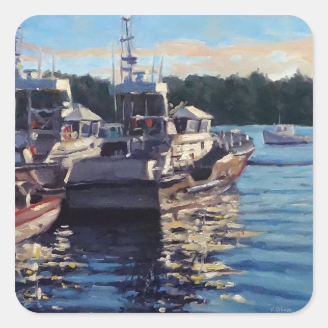 Beautiful Bass Harbor Maine Fishing Boat Scene Square Sticker (Front)