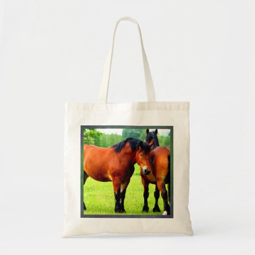 Beautiful Bay Draft Horses In Lush Green Meadow Tote Bag
