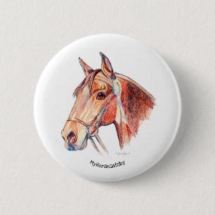 Beautiful Bay Horse with Rosette Pinback Button