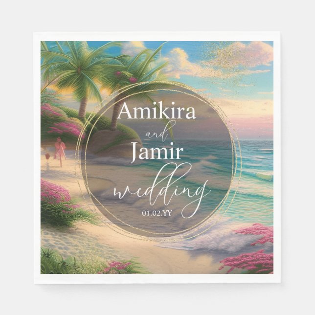 Beautiful Beach Background Faux Glitter Wedding Napkins (Front)