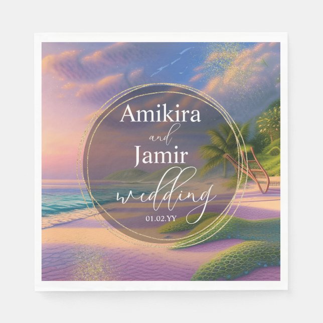 Beautiful Beach Background Glitter Gold Wedding Napkins (Front)