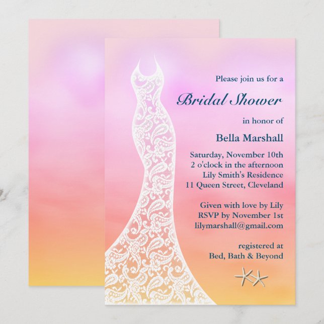 Beautiful Beach Bridal Shower Watercolor - pink Invitation (Front/Back)