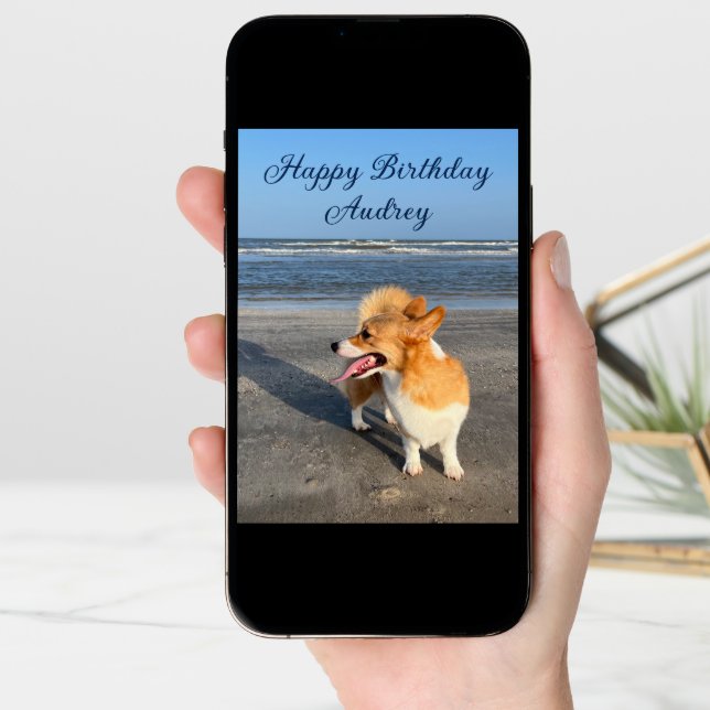 Beautiful Beach Corgi Custom Happy Birthday Card (Front Digital)