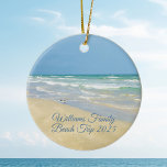 Beautiful Beach House Commemorative Christmas Ceramic Ornament<br><div class="desc">Beautiful beach ornament with gorgeous seaside photography featuring a pretty sandpiper standing at the edge of the ocean waves on a sunny summer day. Lovely blue green water waves roll onto the sandy shore where your name is personalized in cute teal typography. A beautiful Christmas gift for a daughter, mom,...</div>