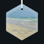Beautiful Beach House Custom Family Keepsake Gift Glass Ornament<br><div class="desc">Beautiful beach ornament with gorgeous seaside photography featuring a pretty sandpiper standing at the edge of the ocean waves on a sunny summer day. Lovely blue green water waves roll onto the sandy shore where your name is personalized in cute teal typography. A beautiful Christmas gift for a daughter, mom,...</div>