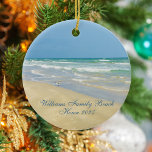 Beautiful Beach House Custom Family Name Year Ceramic Ornament<br><div class="desc">Beautiful beach ornament with gorgeous seaside photography featuring a pretty sandpiper standing at the edge of the ocean waves on a sunny summer day. Lovely blue green water waves roll onto the sandy shore where your name is personalized in cute teal typography. A beautiful Christmas gift for a daughter, mom,...</div>