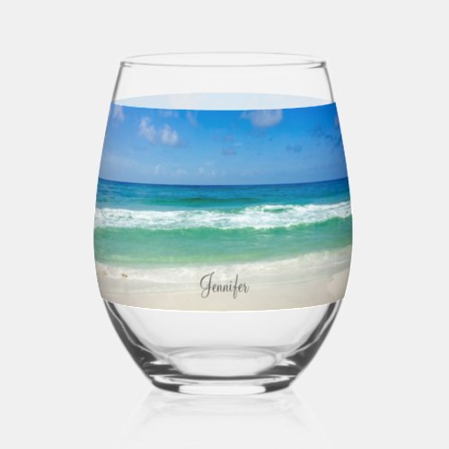 Beautiful Beach House Custom Ocean Photography Stemless Wine Glass