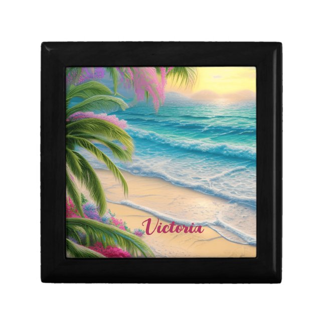 Beautiful Beach Ocean Waves Sand Palm Trees Gift Box (Front)