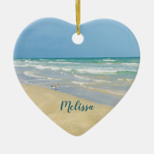 Beautiful Beach Photo Personalized Heart Christmas Ceramic Ornament