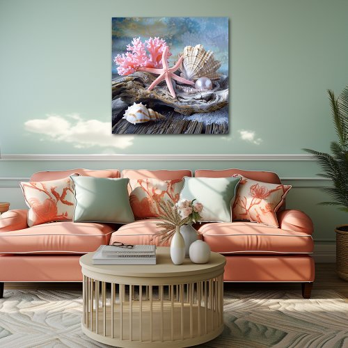 Beautiful Beach Pink Coral Seashells Pearls Photo Print