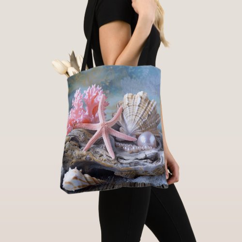 Beautiful Beach Pink Coral Seashells Pearls Tote Bag