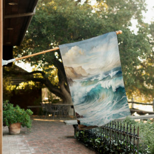 BEAUTIFUL BEACH SCENE WITH LARGE WAVES HOUSE FLAG