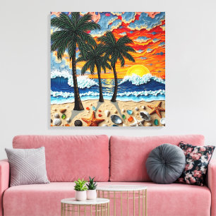 Beautiful Beach Scene with Palm Trees Canvas Print