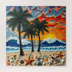 Beautiful Beach Scene with Palm Trees Jigsaw Puzzle