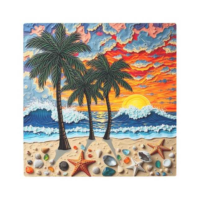 Beautiful Beach Scene with Palm Trees Metal Print (Front)