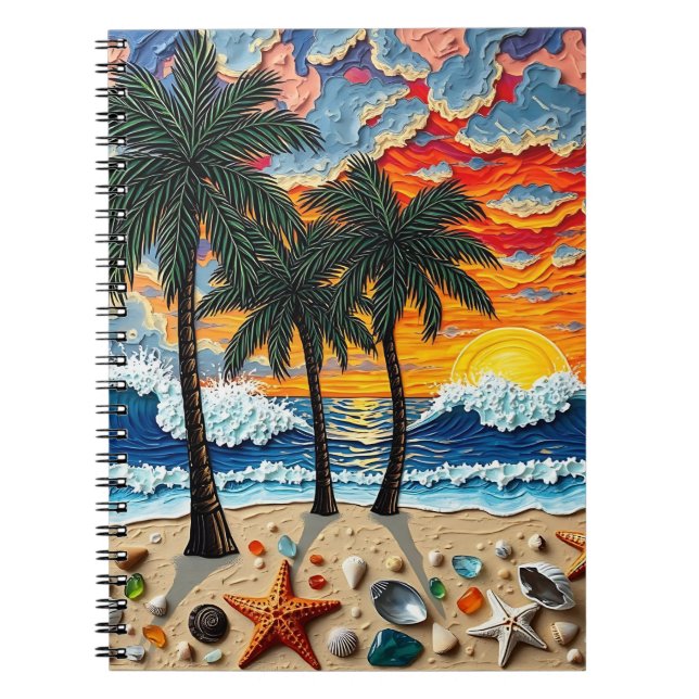 Beautiful Beach Scene with Palm Trees Notebook (Front)