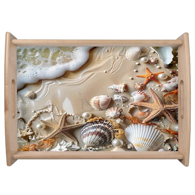 Beautiful Beach Seashells Starfish Seaweed Pearls Serving Tray (Front)