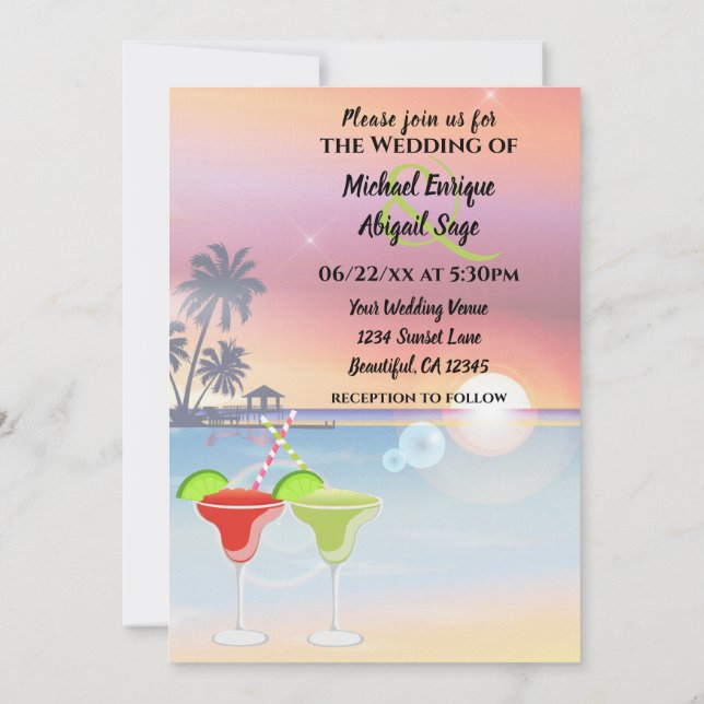 Beautiful Beach Sunset Margarita Love Wedding Invitation (Back)