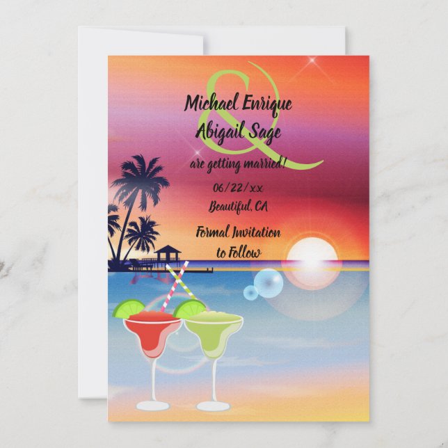 Beautiful Beach Sunset Margarita Love Wedding Save The Date (Back)