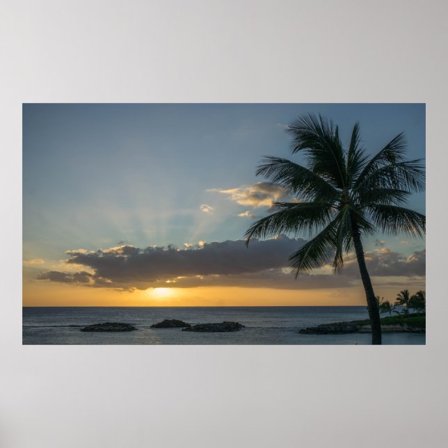 Beautiful Beach Sunset Palm Trees Clouds Islands Poster (Front)