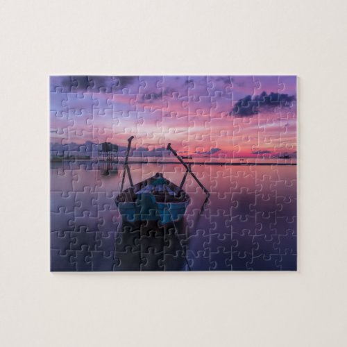 Beautiful Beach Sunset with Paddle Boat Purple Sky Jigsaw Puzzle