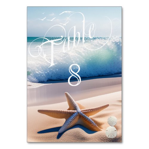 Beautiful Beach Turquoise Waves Seagulls Starfish  Table Number