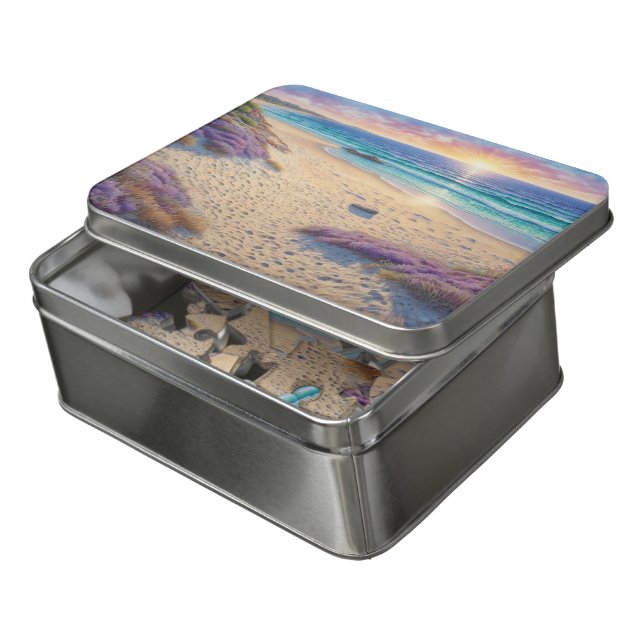 Beautiful Beach Waves and Shore Art in a Tin Jigsaw Puzzle (Lid Open)