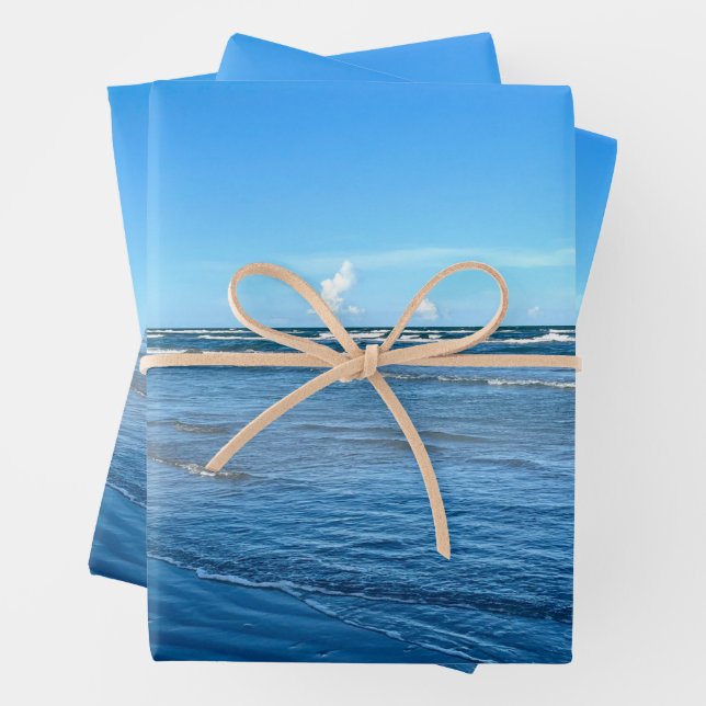 Beautiful Beach Waves Blue Sky Nature Photography Wrapping Paper Sheets (In situ)