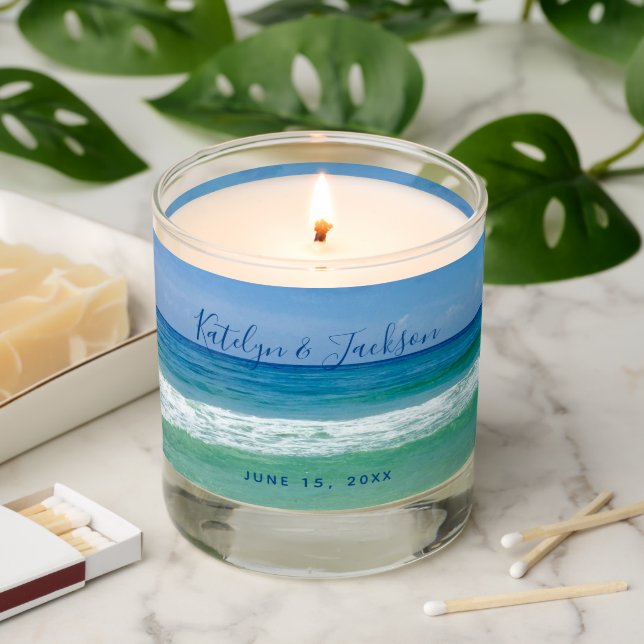 Beautiful Beach Waves Personalized Wedding Favor Scented Candle (Lit)