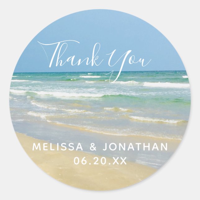 Beautiful Beach Wedding Seaside Thank You Classic Round Sticker (Front)