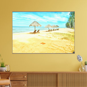 Beautiful Beach with Sleeping Umbrella Espresso Canvas Print