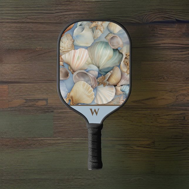 Beautiful Beachy Watercolor Sea Shells Monogram Pickleball Paddle (Creator Uploaded)