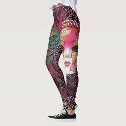 Beautiful Beads &amp; Feathers Mardi Gras Mask Leggings