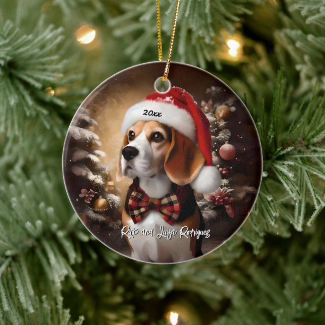 Beautiful Beagle with Santa Hat Ceramic Ornament (Tree)