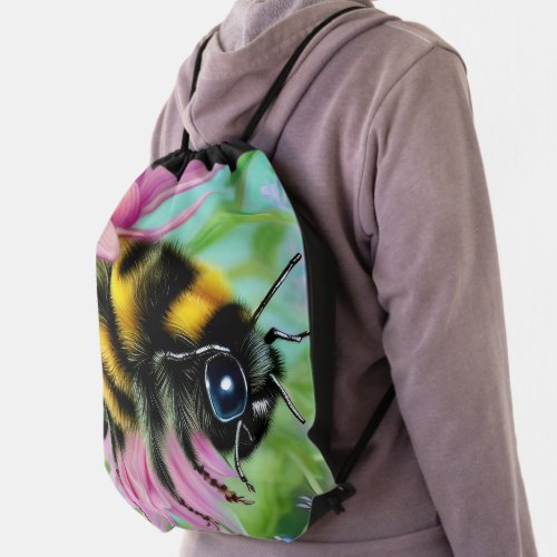 Beautiful Bee on a Pink Flower Close up Drawstring Bag