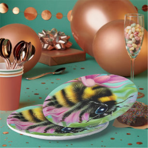 Beautiful Bee on a Pink Flower Close up Paper Plates