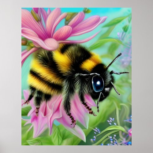 Beautiful Bee on a Pink Flower Close up Poster