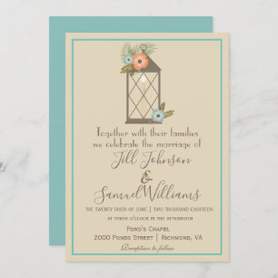 Beautiful Beige and Blue Candle Lantern Wedding Invitation