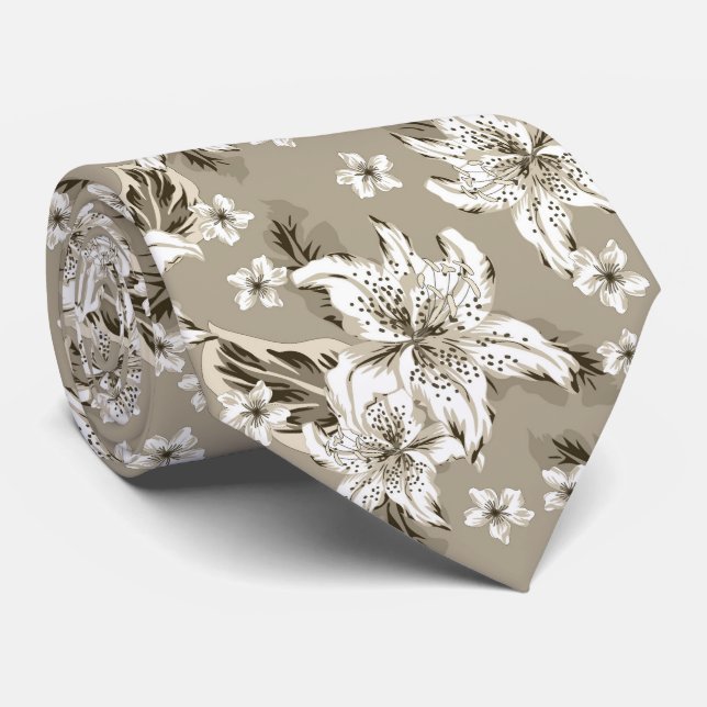 Beautiful beige flower pattern neck tie (Rolled)