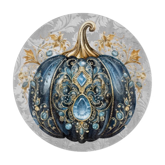 Beautiful bejeweled blue and gold pumpkin cutting board (Front)