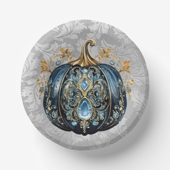 Beautiful bejeweled blue and gold pumpkin paper bowls (Front)