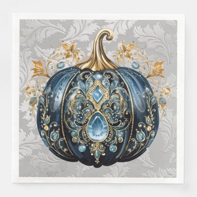 Beautiful bejeweled blue and gold pumpkin paper dinner napkins (Front)