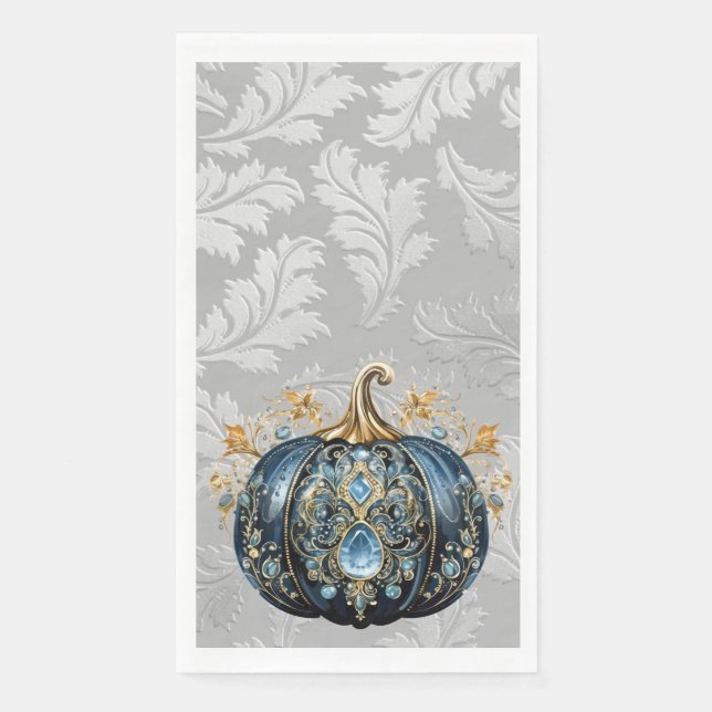 Beautiful bejeweled blue and gold pumpkin paper guest towels (Front)
