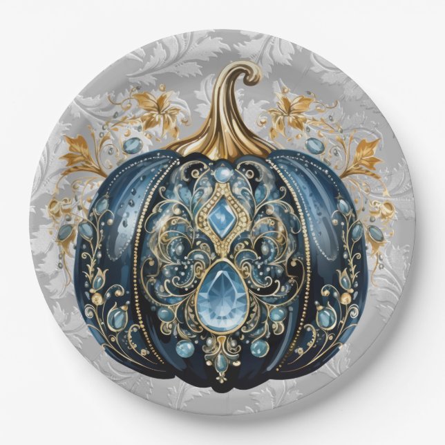 Beautiful bejeweled blue and gold pumpkin paper plates (Front)