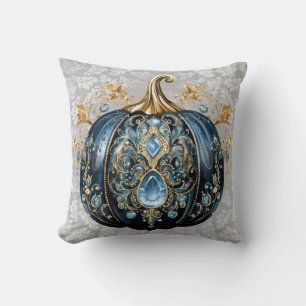 Beautiful bejeweled blue and gold pumpkin throw pillow