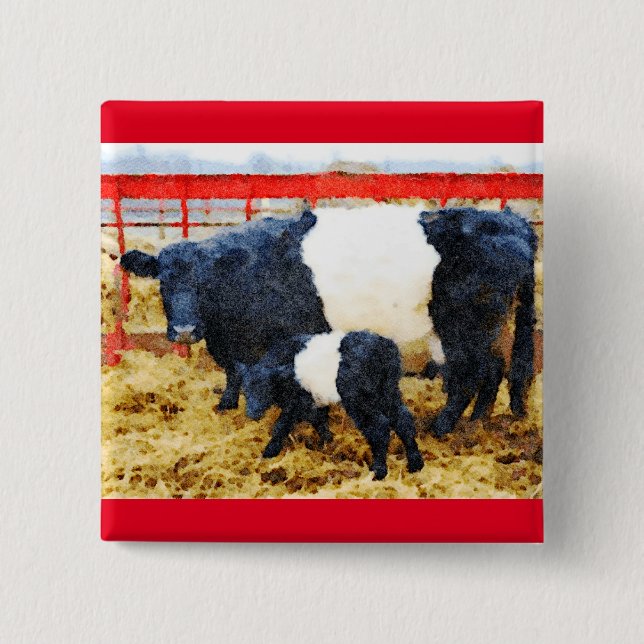 Beautiful Belted Galloway cow and calf watercolour Button (Front)