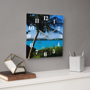 Beautiful Bermuda Boat & Tropical Turquoise Beach Square Wall Clock