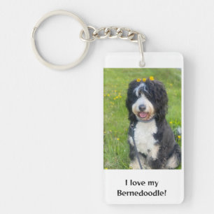 Beautiful Bernedoodle with yellow flowers Keychain
