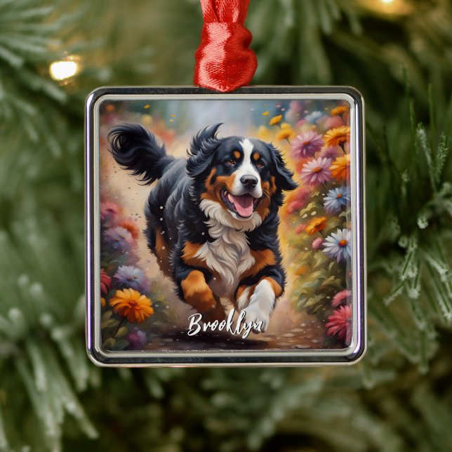 Beautiful Bernese Mountain Dog & Flowers Metal Ornament (Tree)